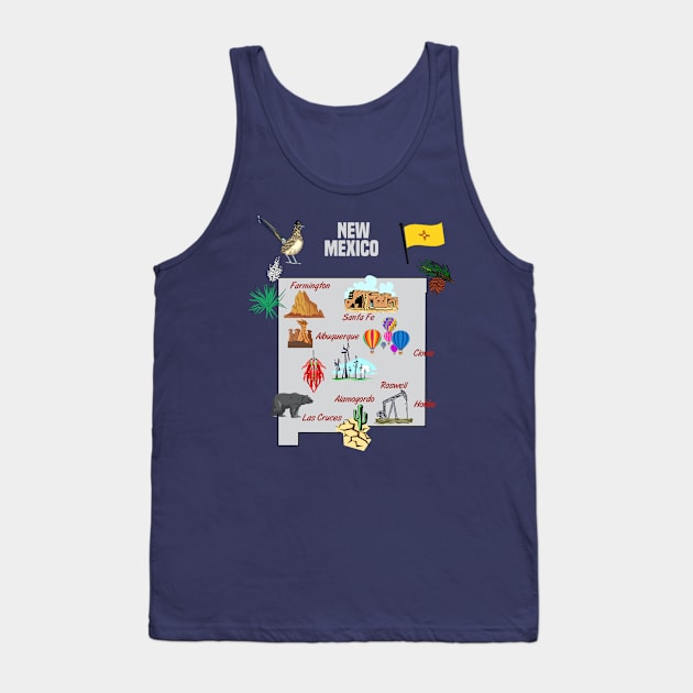 New Mexico state map with major cities, landmarks, Tourist Destinations, US Tank Top by Mashmosh